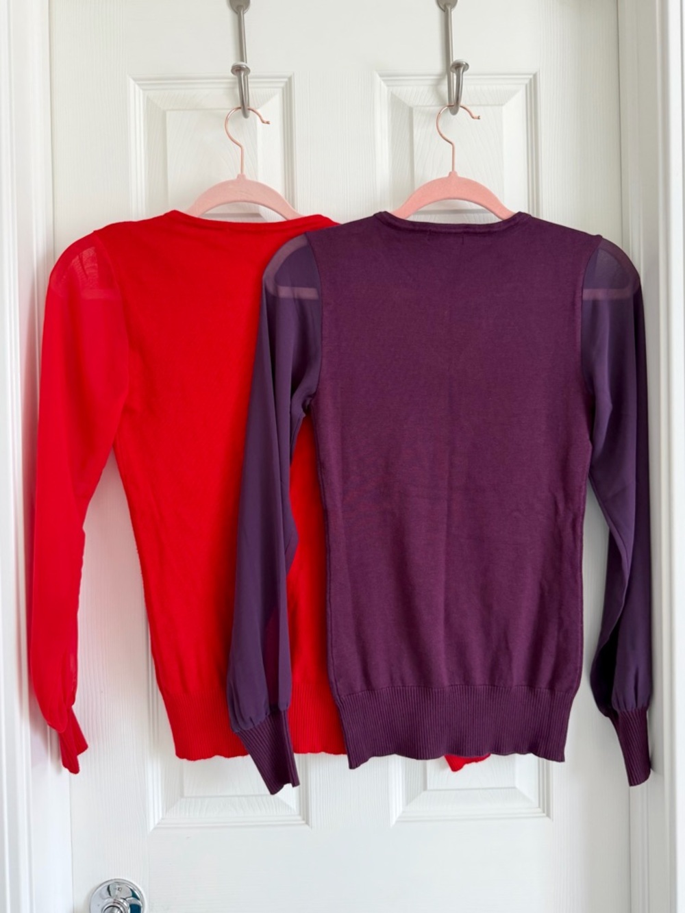 VENUS Bundle | 2 Sheer Sleeve Stretch Knit V-Neck Sweaters | Red & Purple | XS - Picture 15 of 16